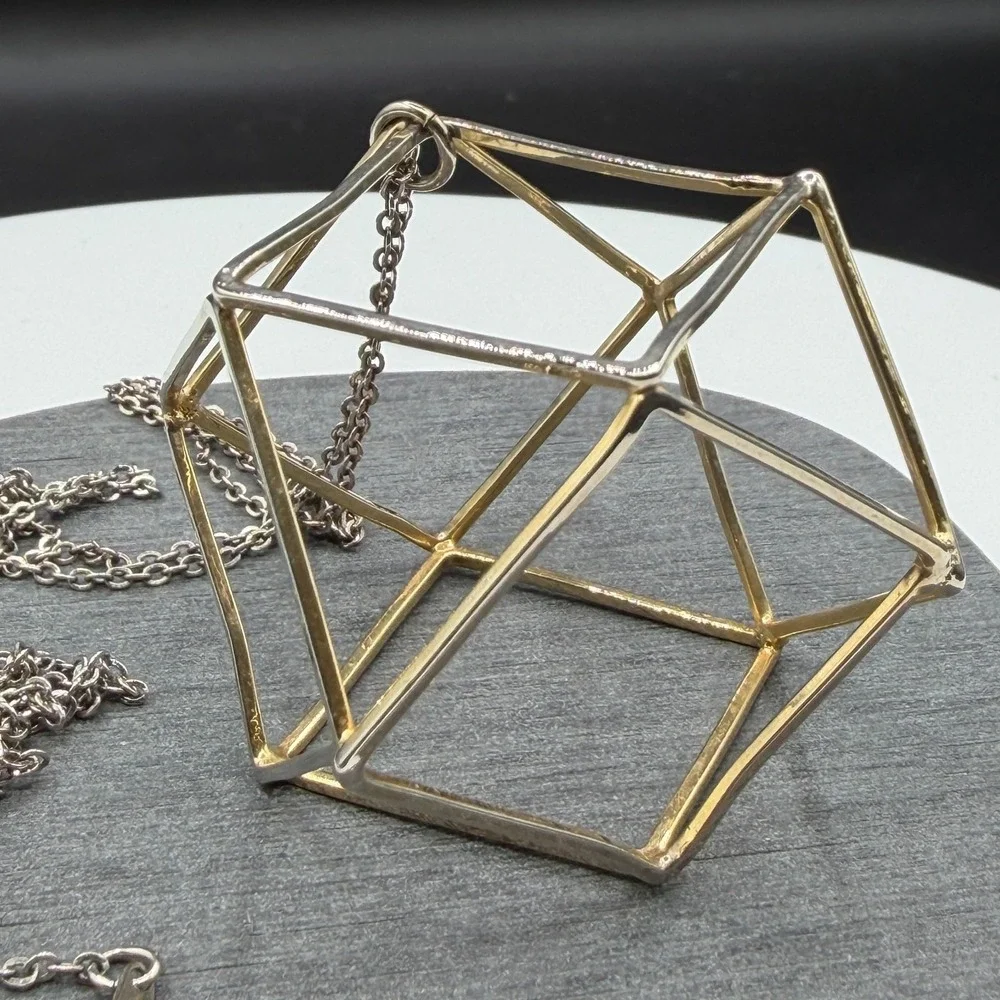 Two Tone Geometric Cube Pendant Necklace 3D Wireframe Modernist Statement Gift
